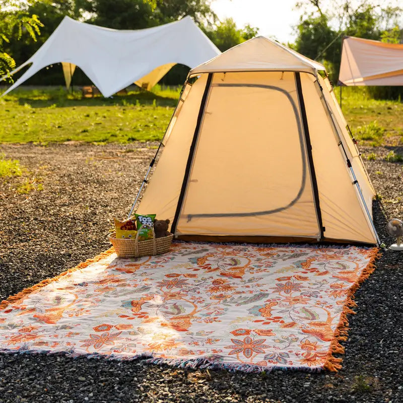 Cotton Throw with Boho Floral Pattern and Fringed Edges