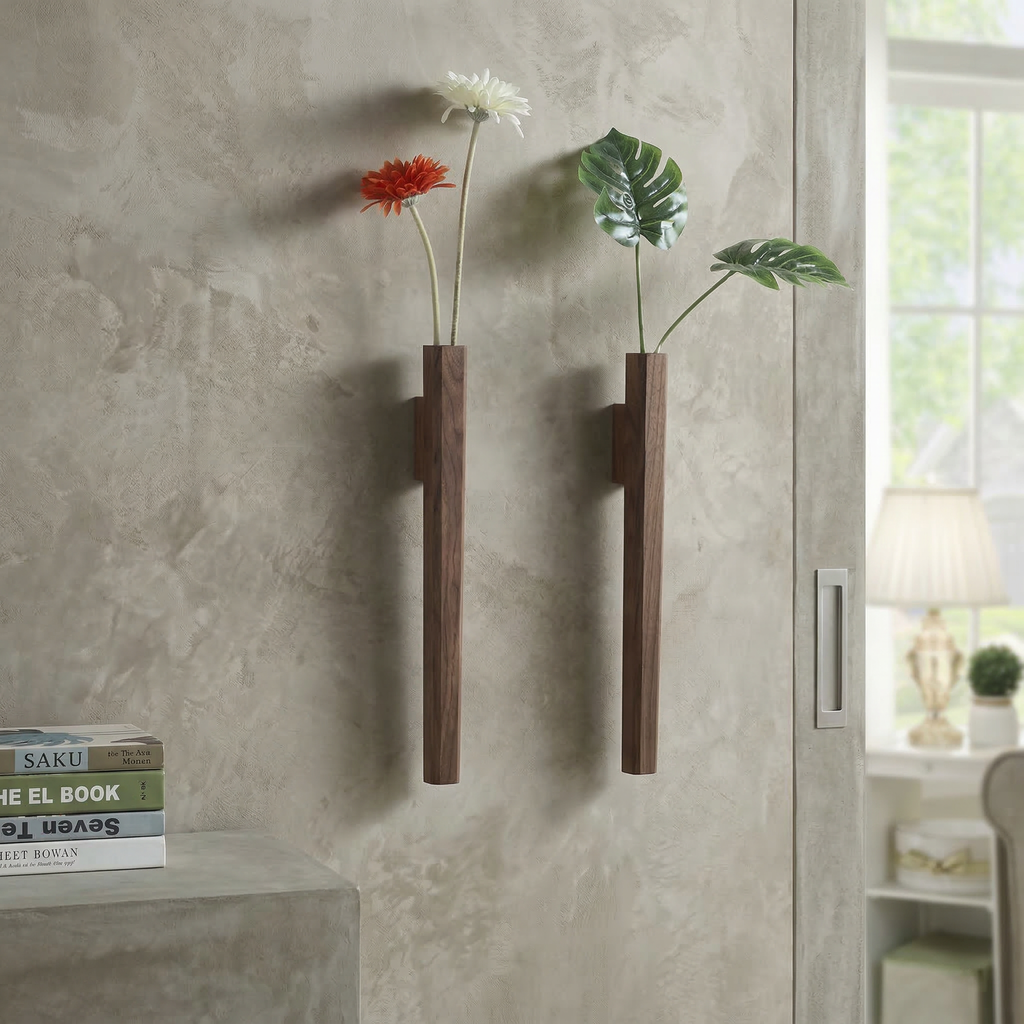 Minimalist Wall Mounted Wood Vase with Glass Test Tube