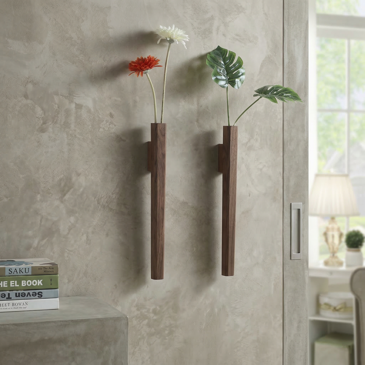 Minimalist Wall Mounted Wood Vase with Glass Test Tube