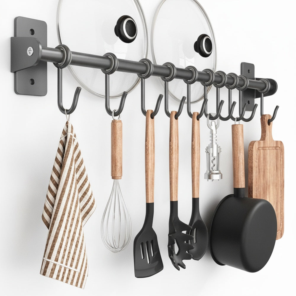 Wall Mounted Kitchen Utensil Rail with Sliding S Hooks
