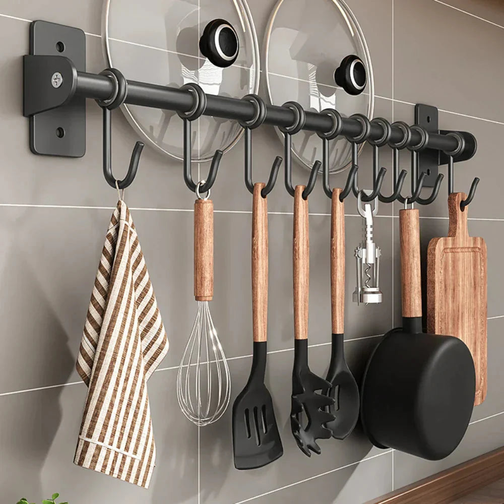 Wall Mounted Kitchen Utensil Rail with Sliding S Hooks