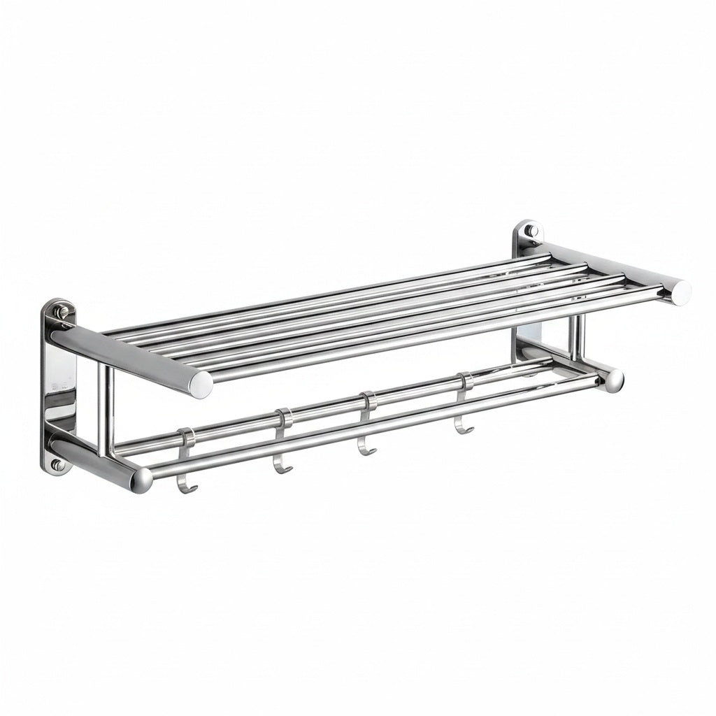 Stainless Steel Wall Towel Rack with Shelf and Hooks, 40 or 50 cm