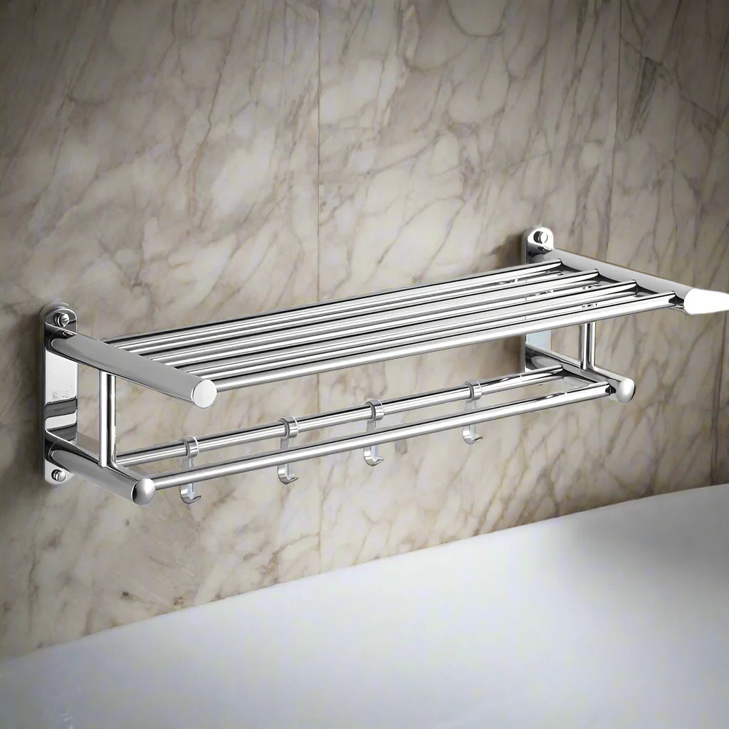 Stainless Steel Wall Towel Rack with Shelf and Hooks, 40 or 50 cm