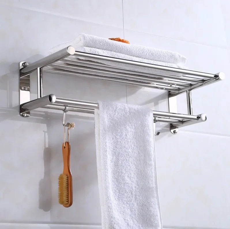 Stainless Steel Wall Towel Rack with Shelf and Hooks, 40 or 50 cm