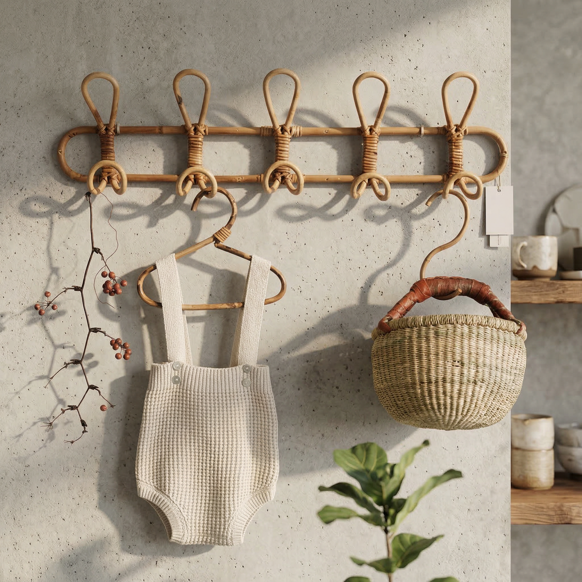 Boho Rattan Wall Hook Rack with Loops, 3 or 5 Hooks