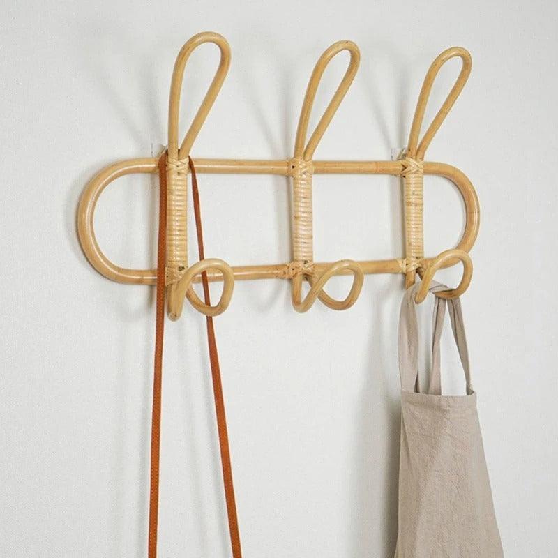 Boho Rattan Wall Hook Rack with Loops, 3 or 5 Hooks
