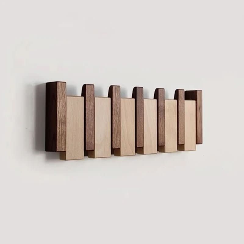 Piano Key Wall Coat Rack with Folding Hooks, Walnut and Beech