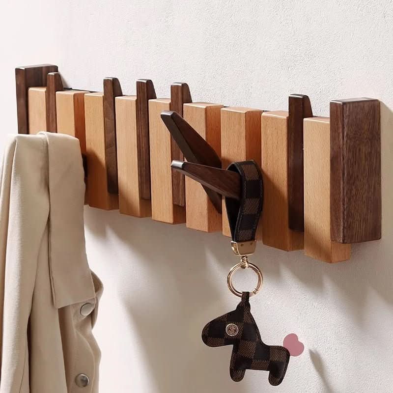 Piano Key Wall Coat Rack with Folding Hooks, Walnut and Beech
