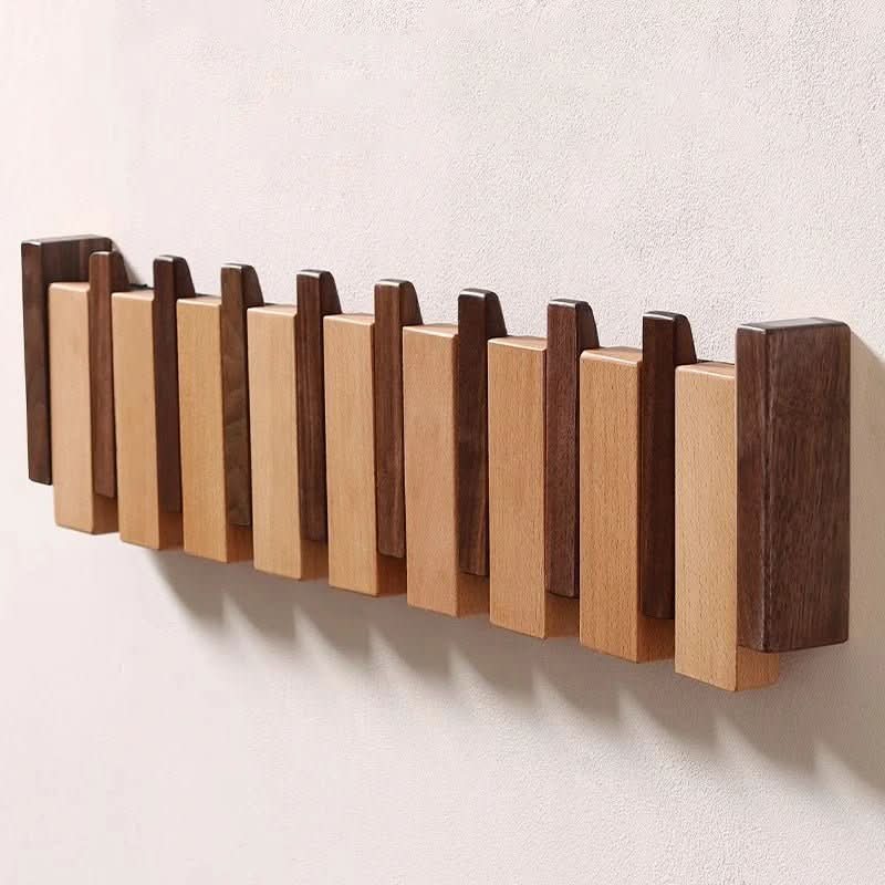 Piano Key Wall Coat Rack with Folding Hooks, Walnut and Beech