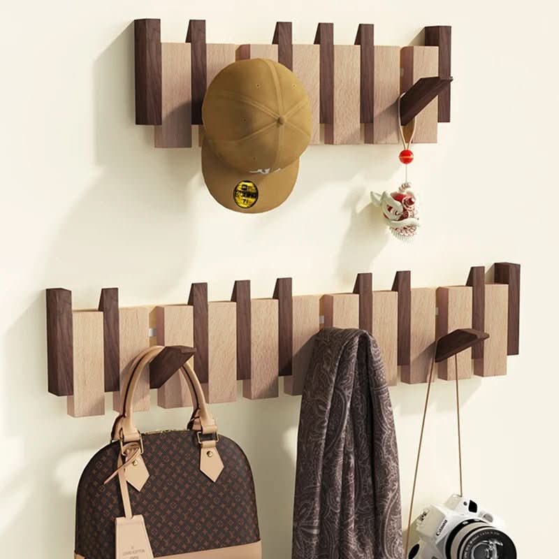 Piano Key Wall Coat Rack with Folding Hooks, Walnut and Beech