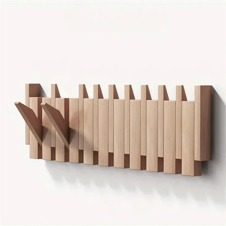 Piano Key Wall Coat Rack with Folding Hooks, Walnut and Beech