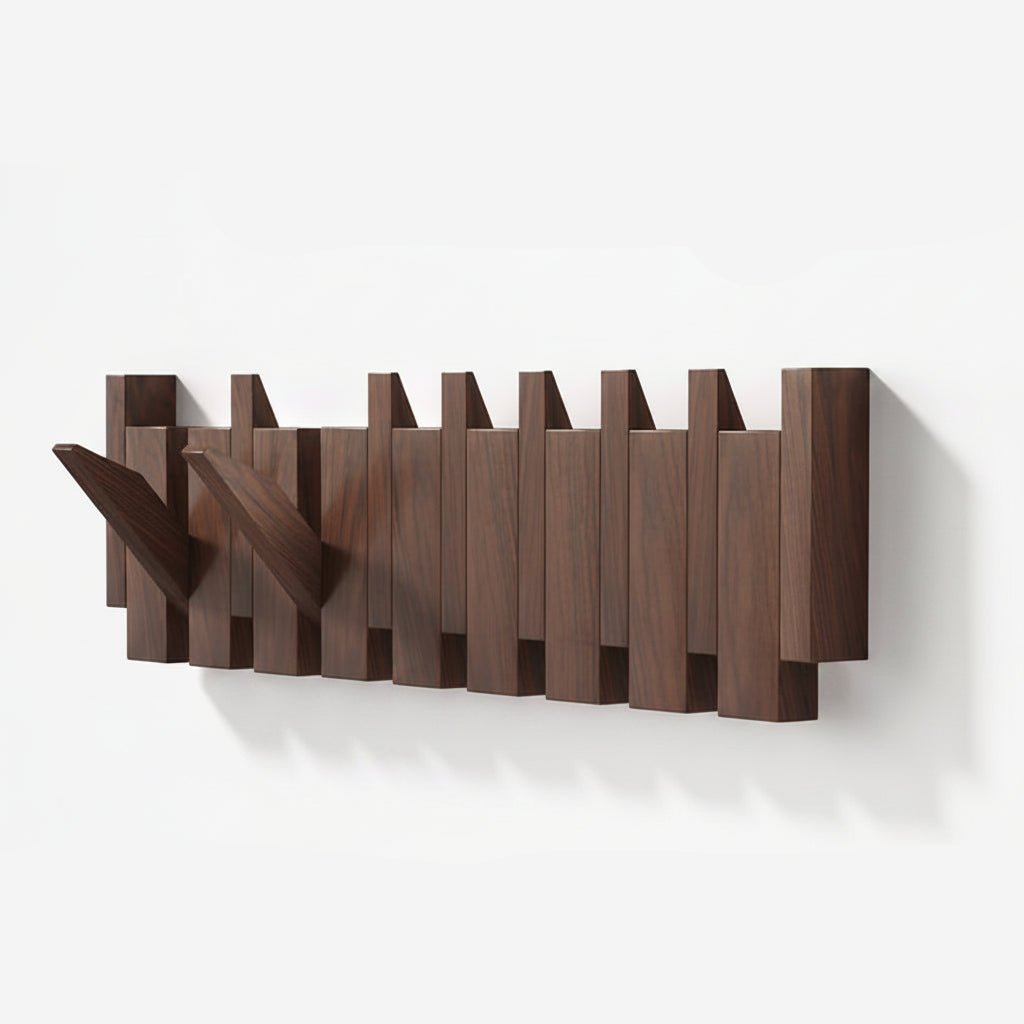 Piano Key Wall Coat Rack with Folding Hooks, Walnut and Beech