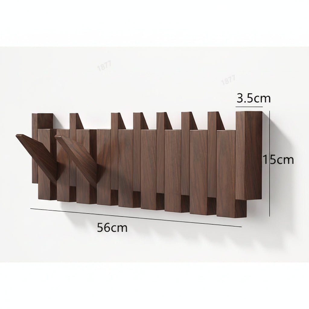 Piano Key Wall Coat Rack with Folding Hooks, Walnut and Beech