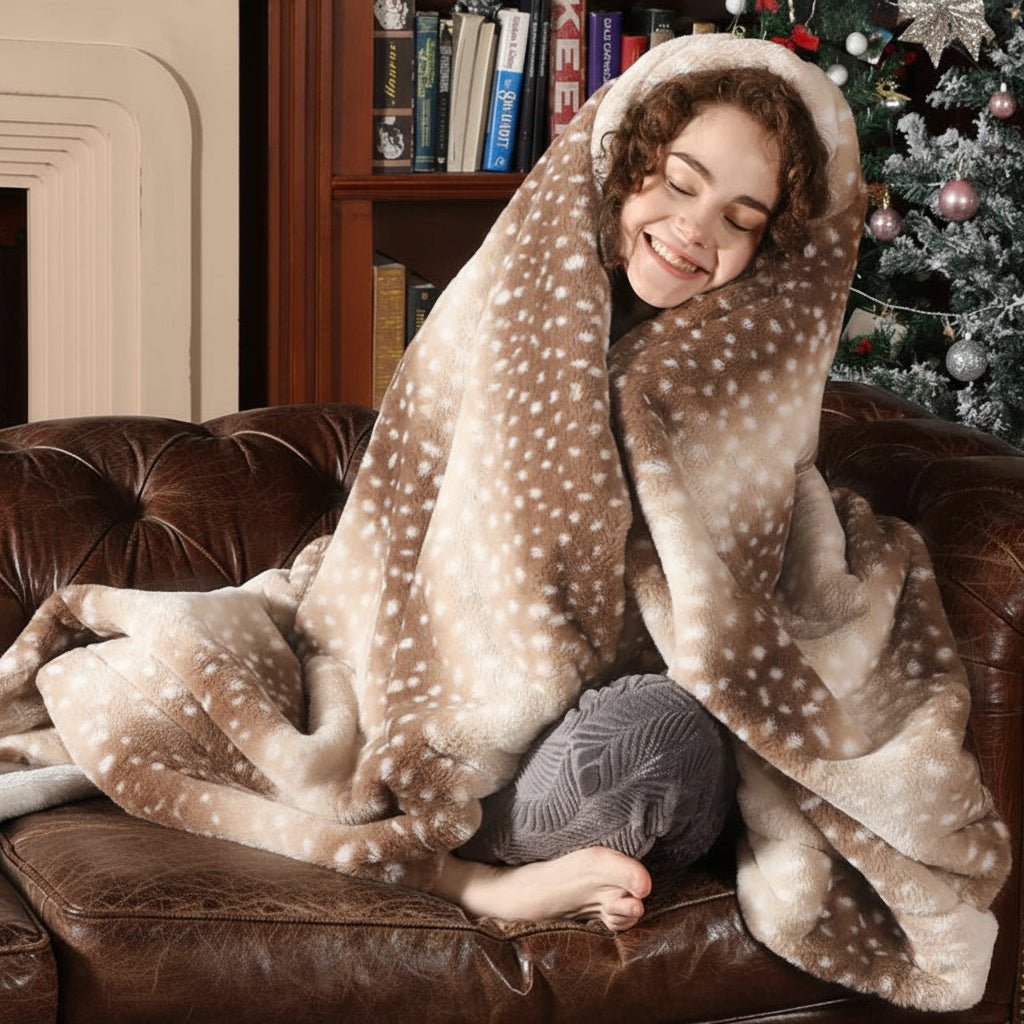 Reversible Plush Throw with Stag Print, Natural or Grey