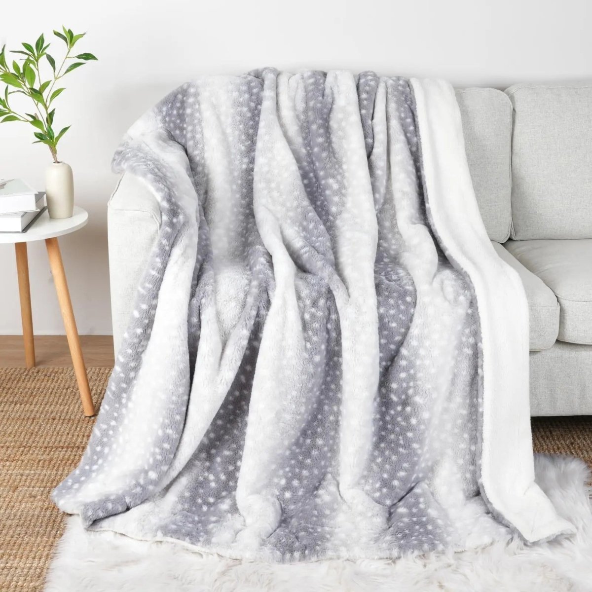Reversible Plush Throw with Stag Print, Natural or Grey