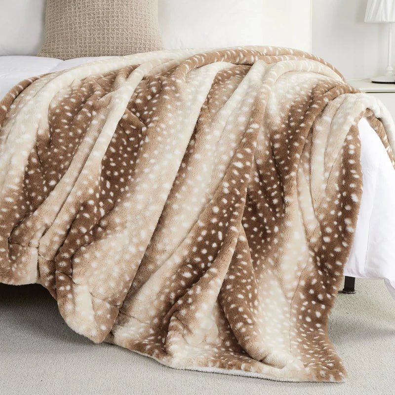Reversible Plush Throw with Stag Print, Natural or Grey
