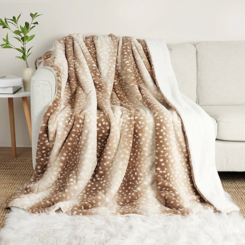 Reversible Plush Throw with Stag Print, Natural or Grey