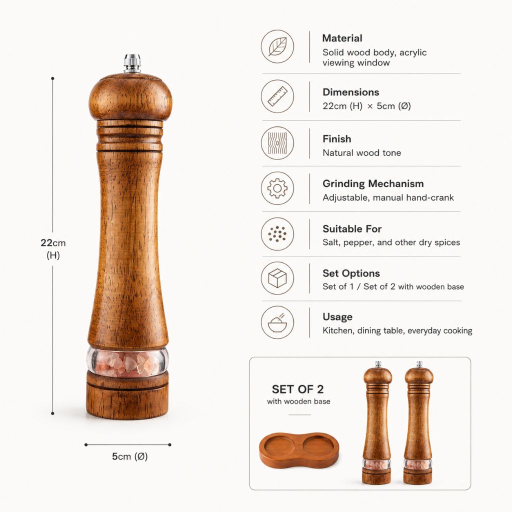 Wooden Spice Mill with Adjustable Grinder and View Window