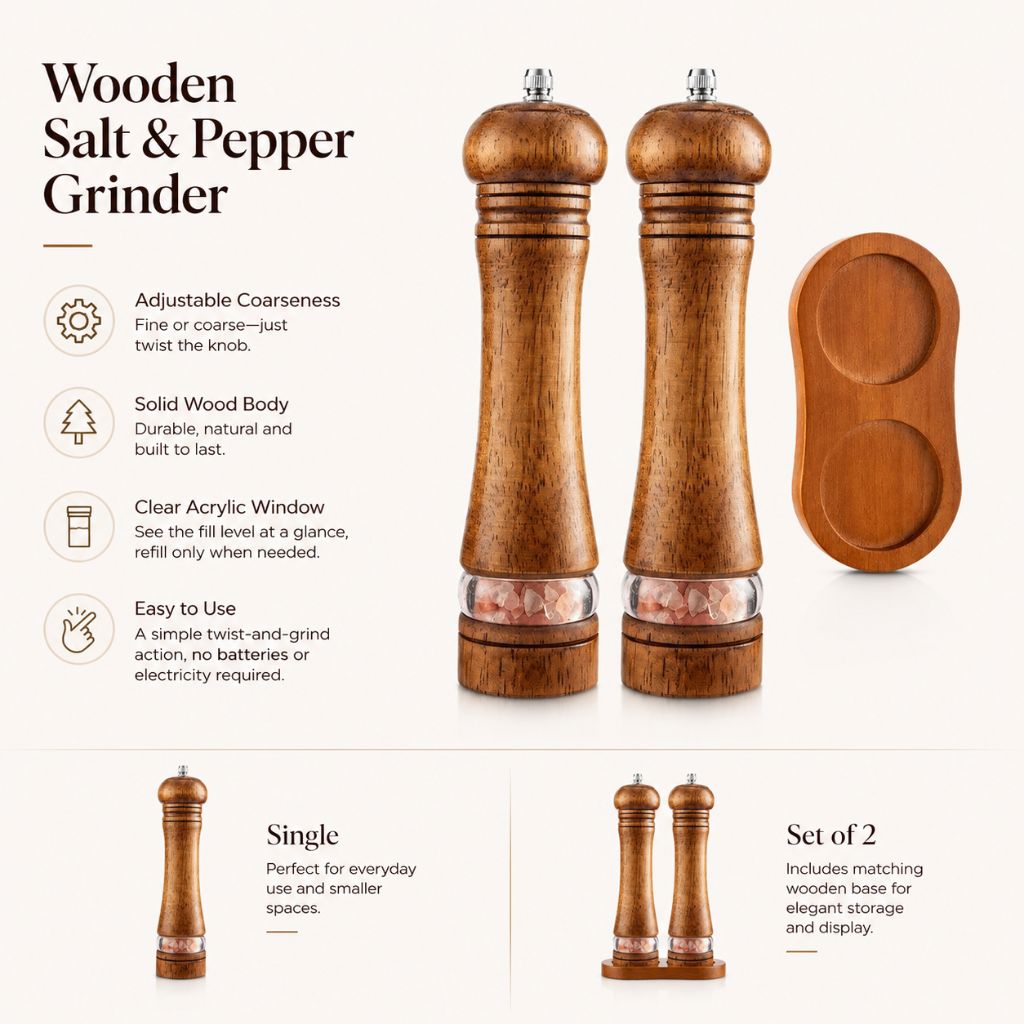 Wooden Spice Mill with Adjustable Grinder and View Window