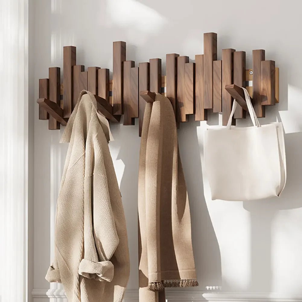 Magnetic Folding Wall Coat Rack in Ash or Walnut, 3 to 10 Hooks