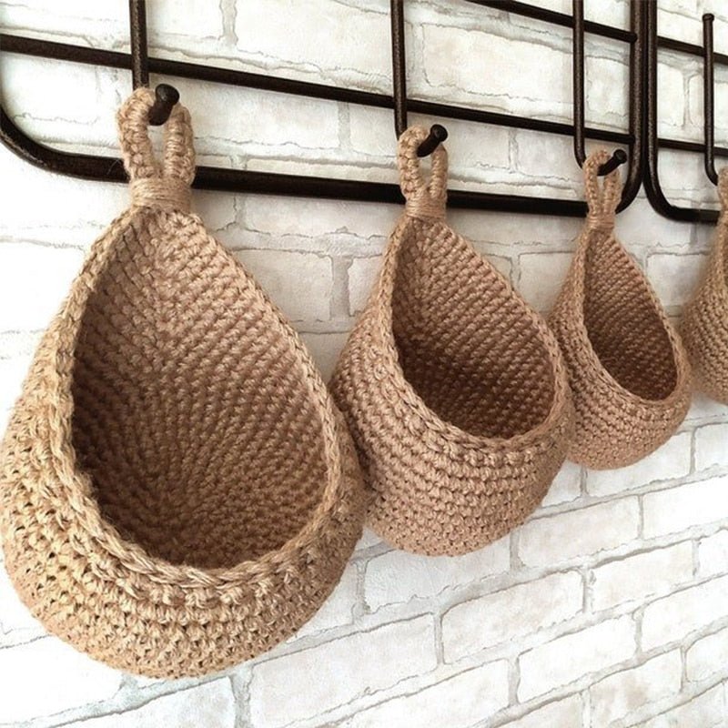 Hand-Woven Hemp Rope Hanging Baskets, Three Sizes