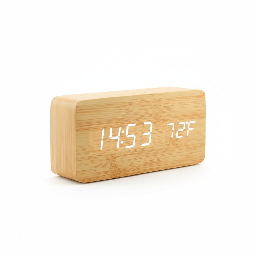 Scandinavian Digital Alarm Clock with Thermometer, Wood Case