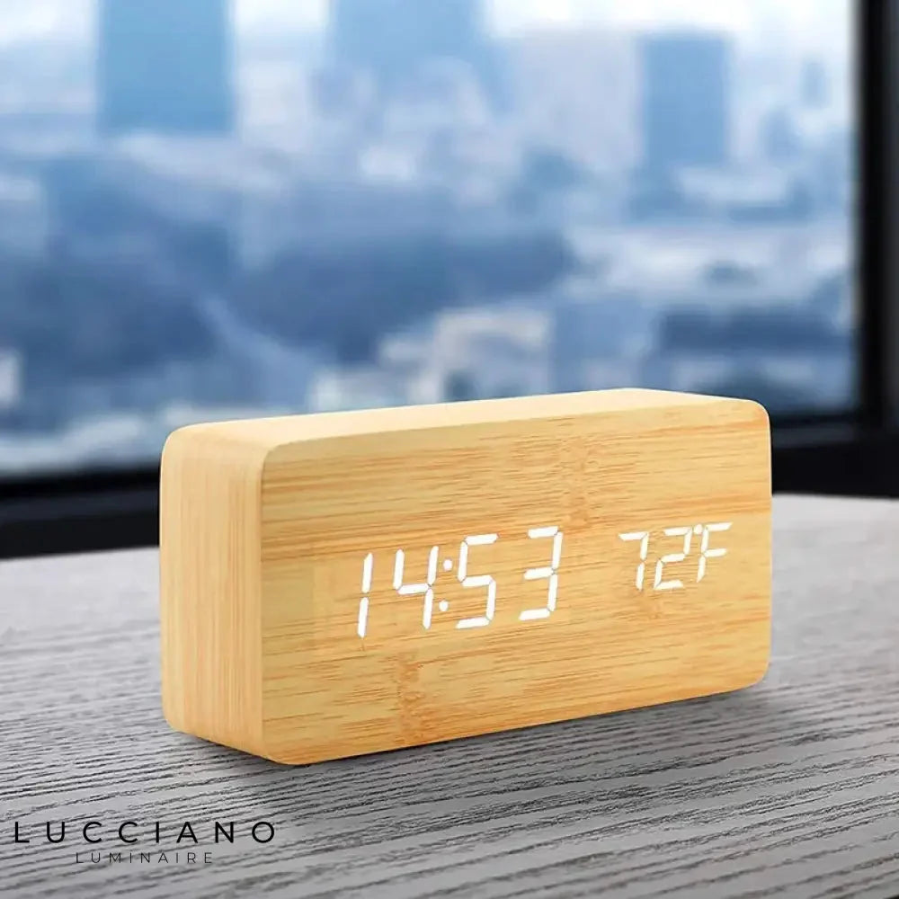Scandinavian Digital Alarm Clock with Thermometer, Wood Case