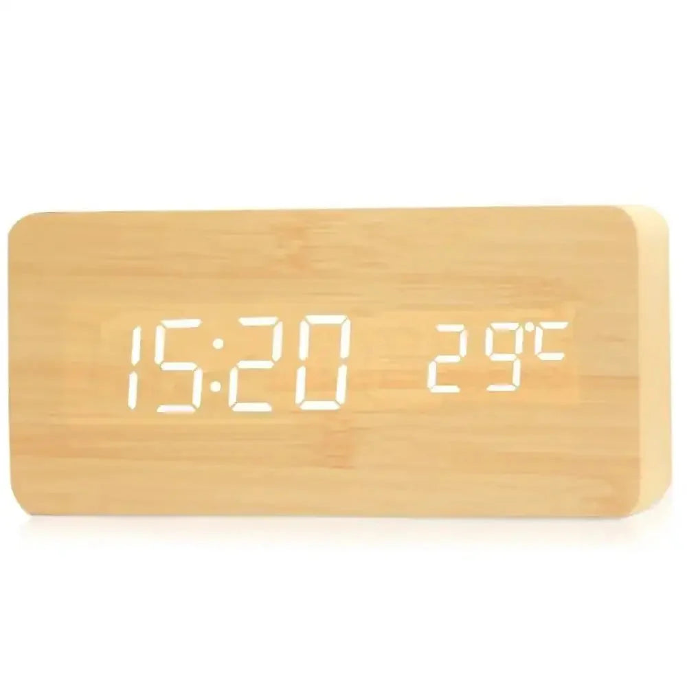 Scandinavian Digital Alarm Clock with Thermometer, Wood Case