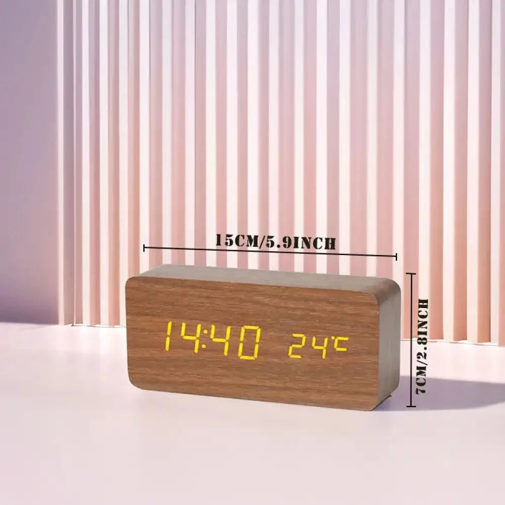 Scandinavian Digital Alarm Clock with Thermometer, Wood Case