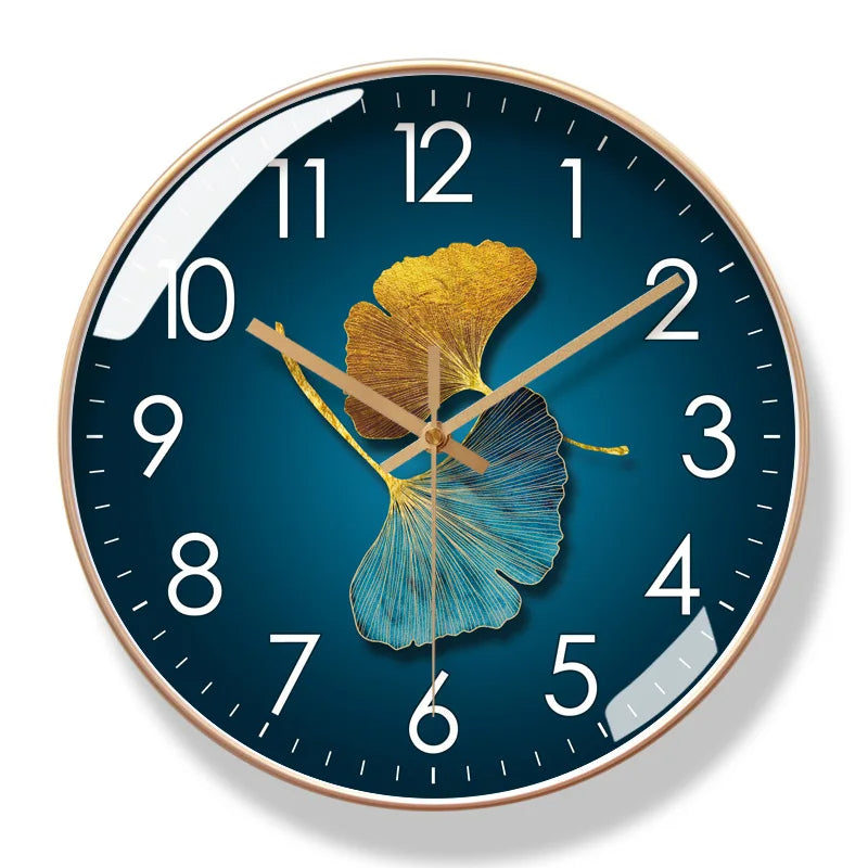 Silent Quartz Wall Clock with Ginkgo Leaf Dial and Gold-Tone Frame
