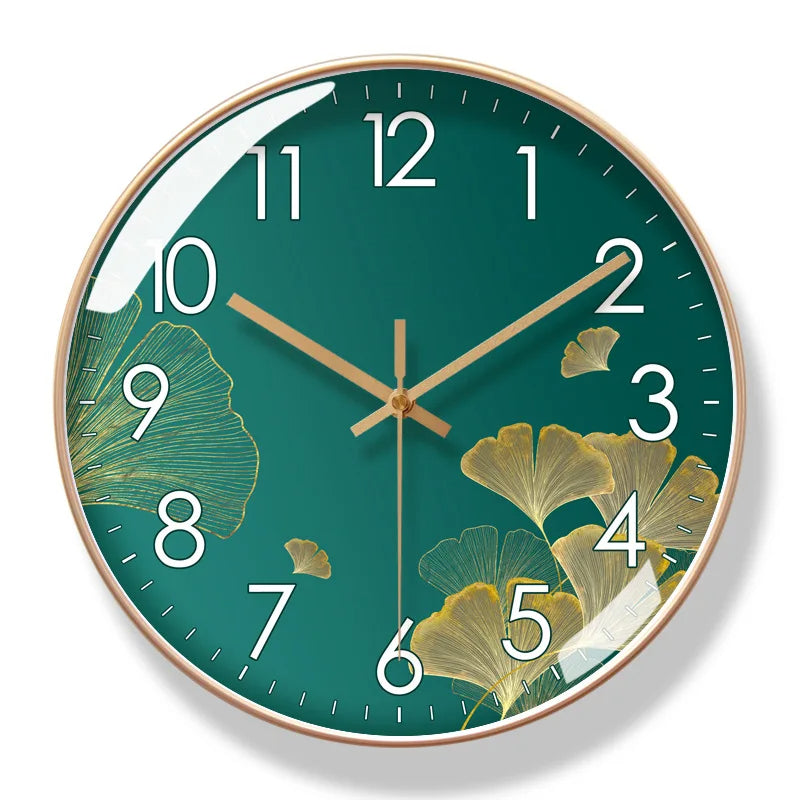 Silent Quartz Wall Clock with Ginkgo Leaf Dial and Gold-Tone Frame
