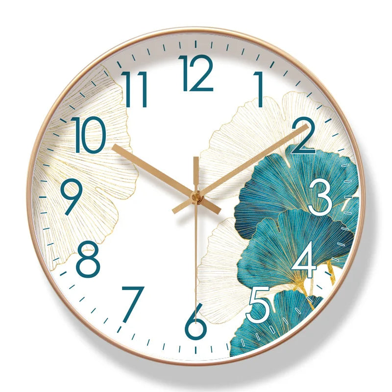Silent Quartz Wall Clock with Ginkgo Leaf Dial and Gold-Tone Frame