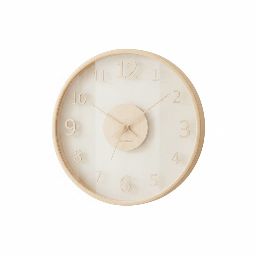Scandinavian Wall Clock with Glass Dial and Wooden Frame