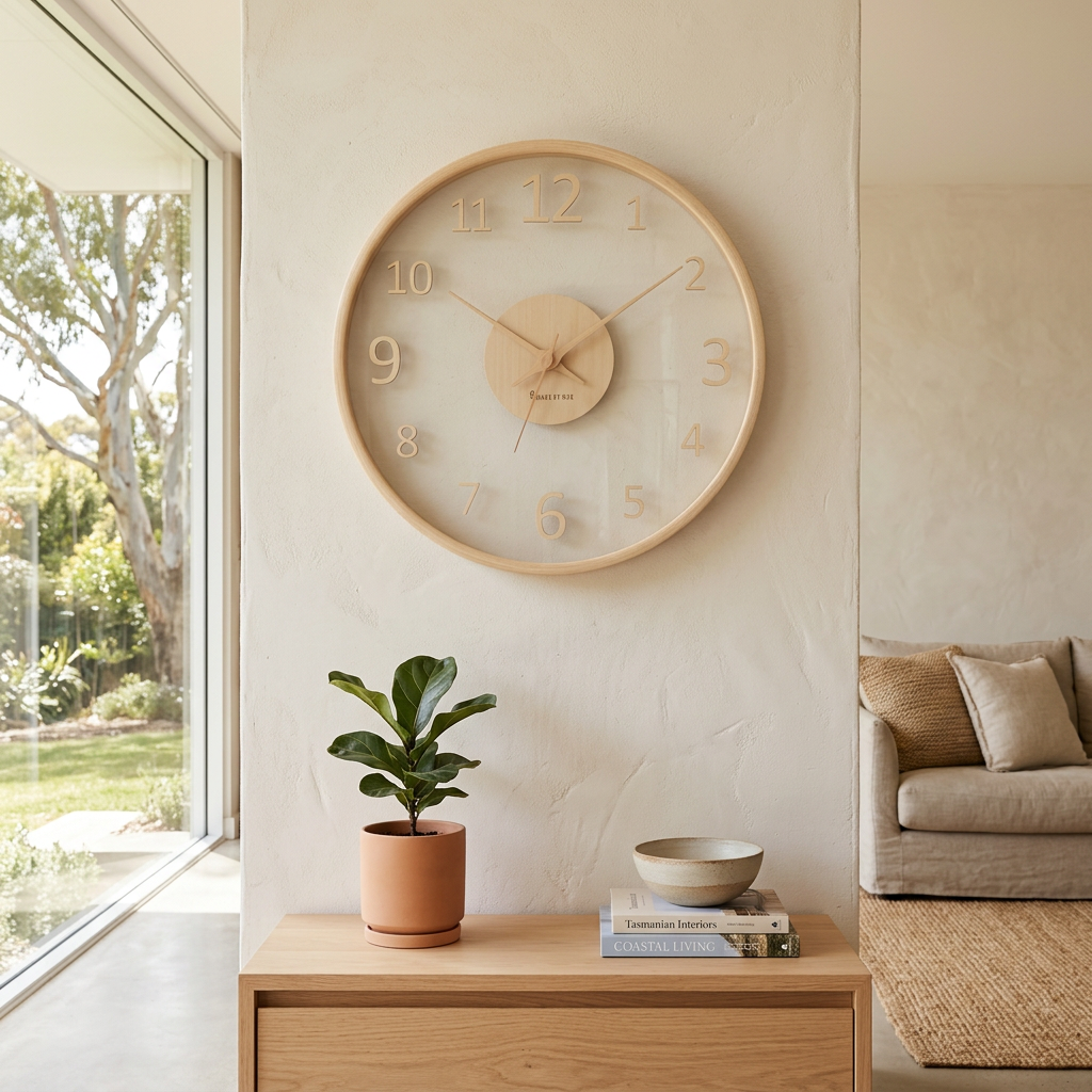 Scandinavian Wall Clock with Glass Dial and Wooden Frame