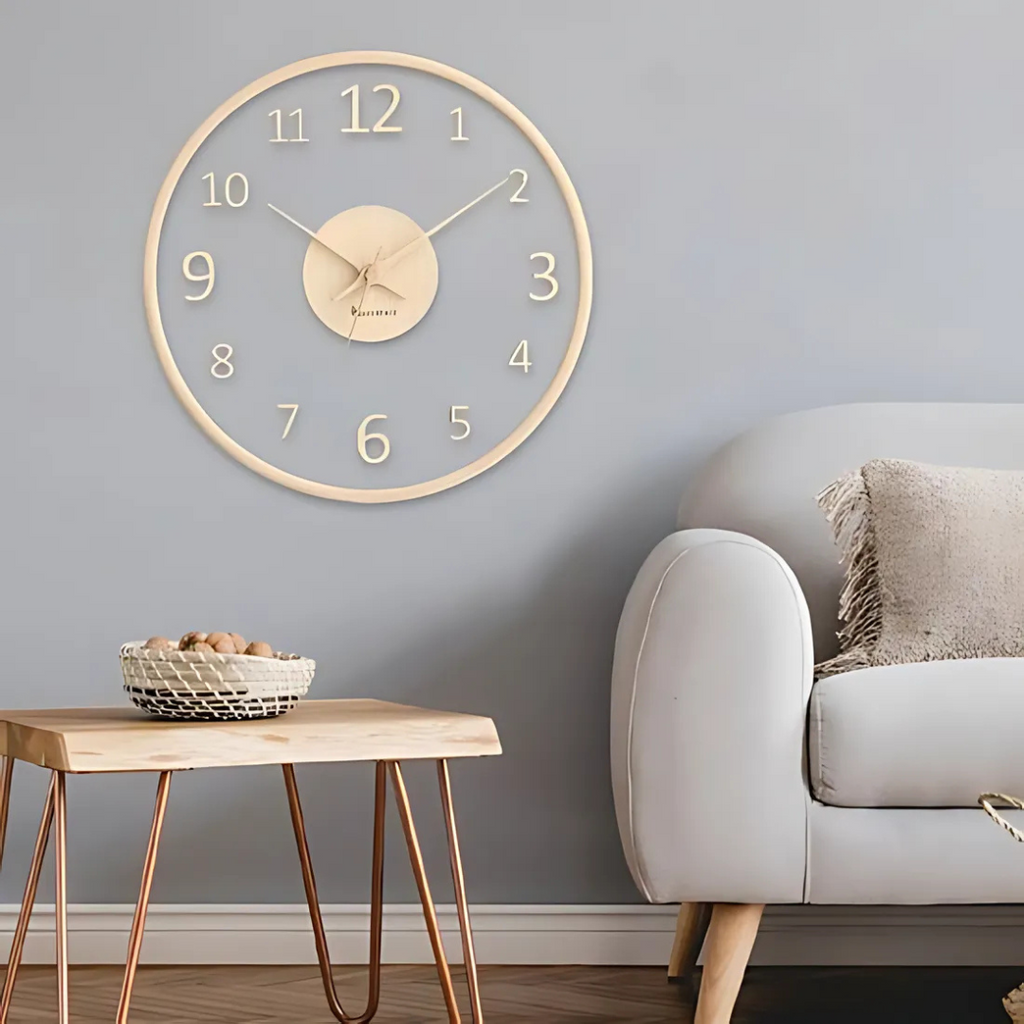 Scandinavian Wall Clock with Glass Dial and Wooden Frame