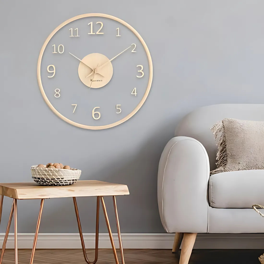 Scandinavian Wall Clock with Glass Dial and Wooden Frame