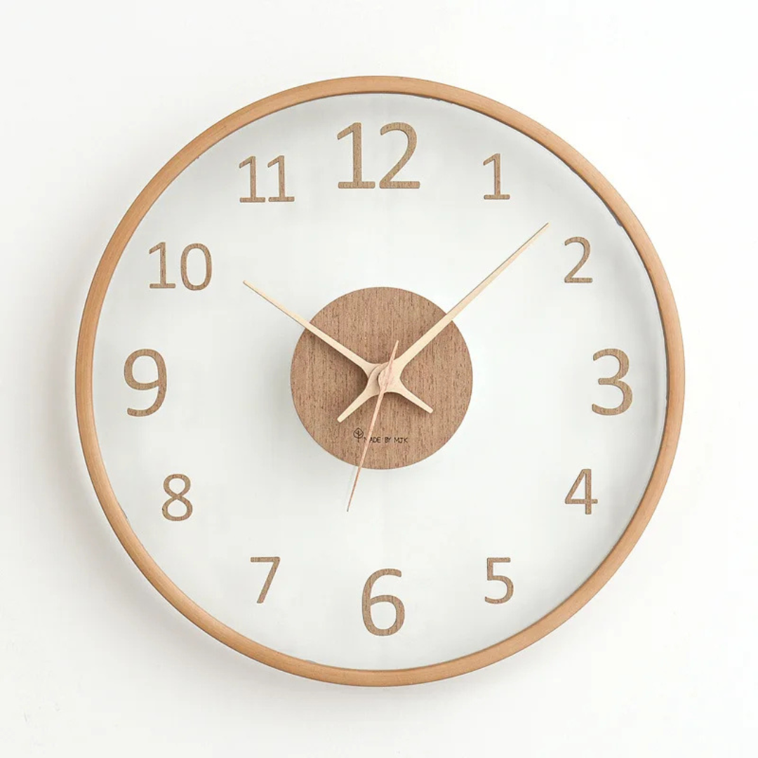 Scandinavian Wall Clock with Glass Dial and Wooden Frame