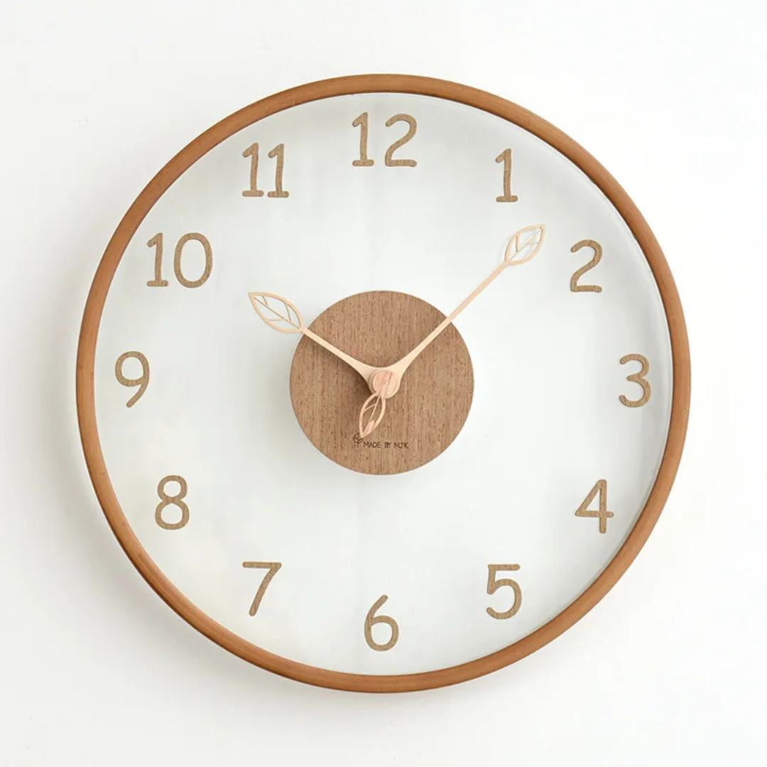 Scandinavian Wall Clock with Glass Dial and Wooden Frame