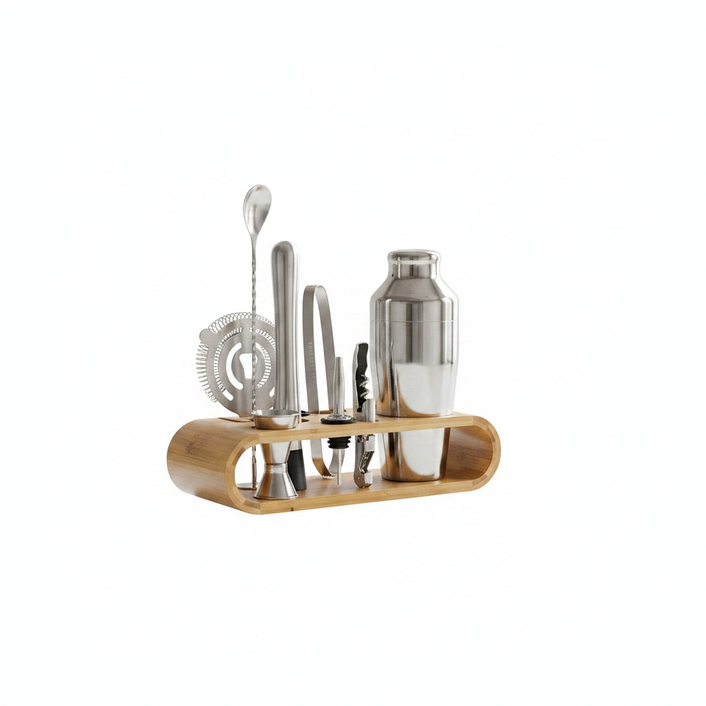 10-Piece Stainless Steel Cocktail Set with Bamboo Stand