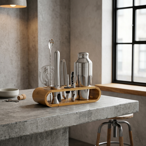 10-Piece Stainless Steel Cocktail Set with Bamboo Stand