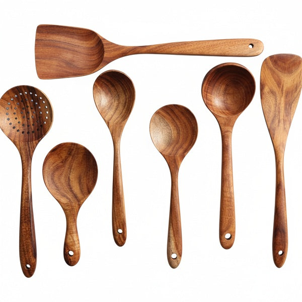 7-Piece Teak Wood Kitchen Utensil Set with Hanging Holes