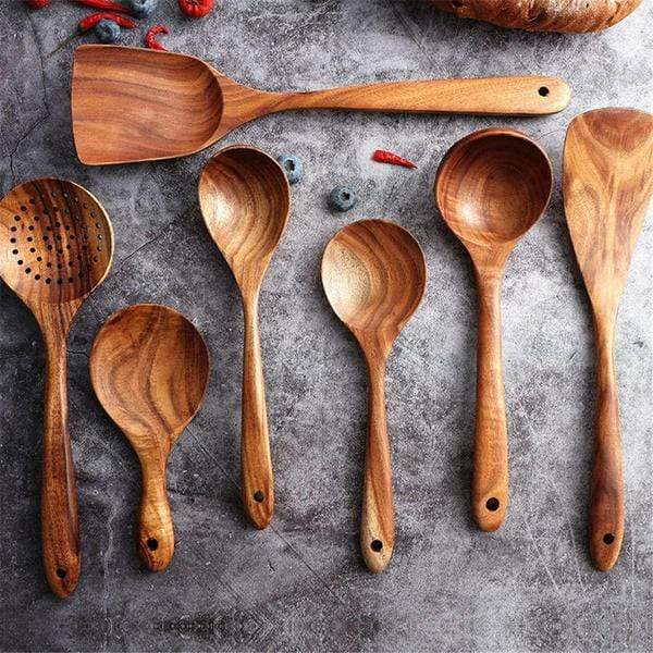 7-Piece Teak Wood Kitchen Utensil Set with Hanging Holes