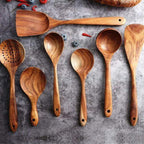 7-Piece Teak Wood Kitchen Utensil Set with Hanging Holes