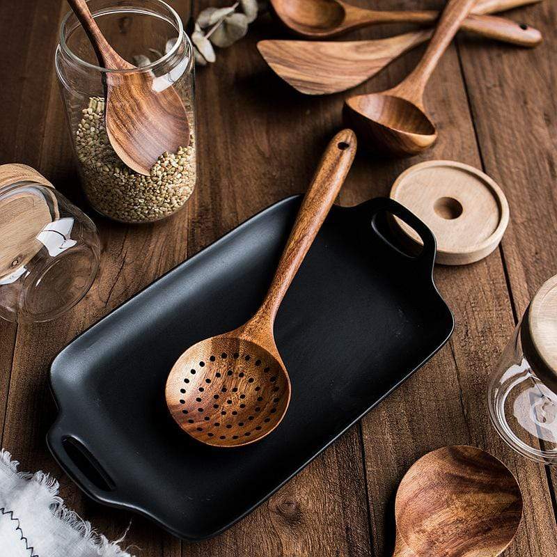 7-Piece Teak Wood Kitchen Utensil Set with Hanging Holes