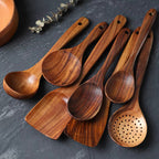 7-Piece Teak Wood Kitchen Utensil Set with Hanging Holes