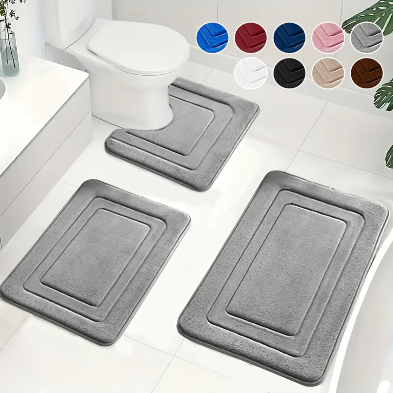 3-Piece Memory Foam Bath Mat Set with U-Shaped Toilet Mat