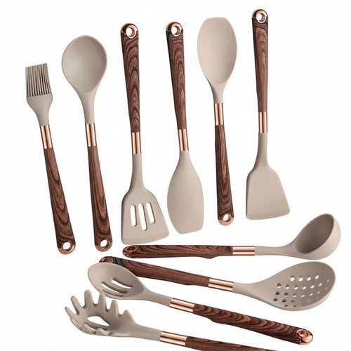 10-Piece Silicone Kitchen Utensil Set with Wood-Effect Handles