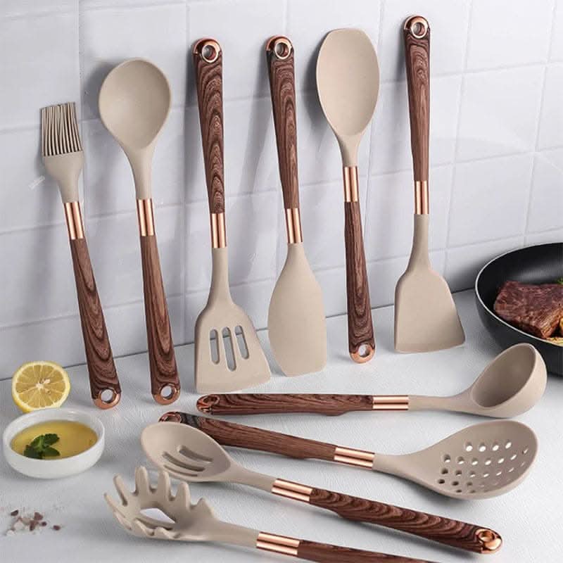 10-Piece Silicone Kitchen Utensil Set with Wood-Effect Handles