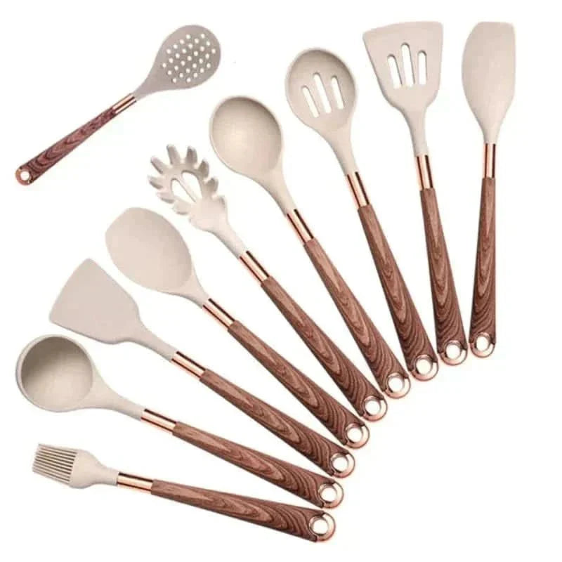 10-Piece Silicone Kitchen Utensil Set with Wood-Effect Handles
