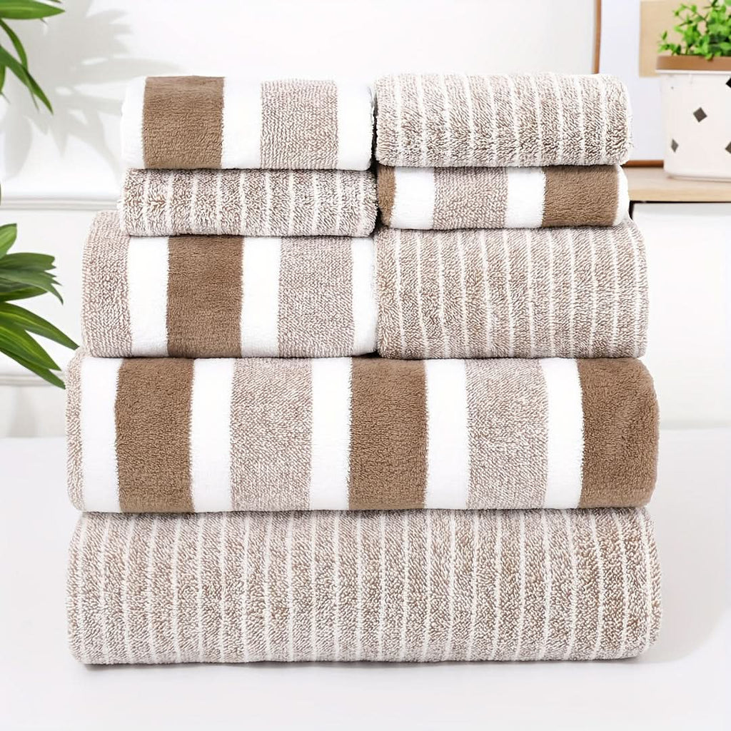 Striped Microfibre Towel Set, 8 Pieces, Quick-Dry